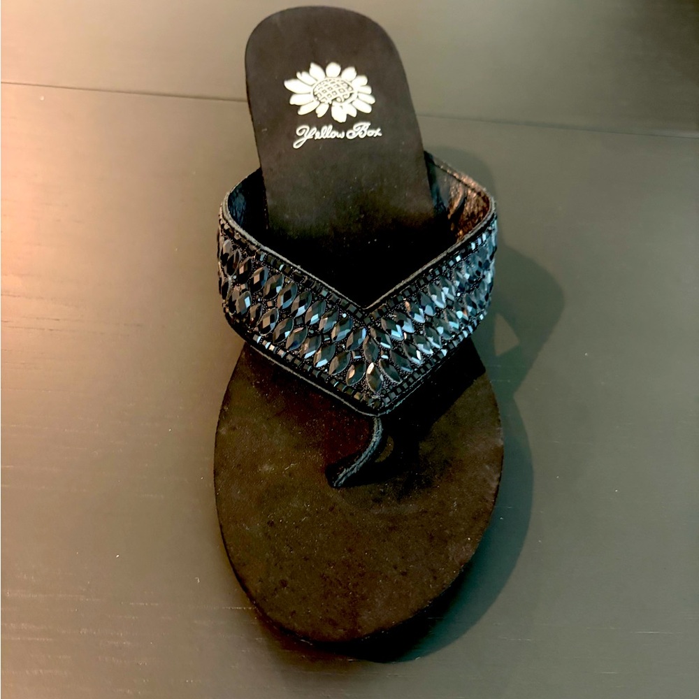 Yellow box wedge flip flops